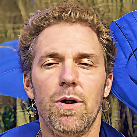 Cartoon-style portrait of person's face.