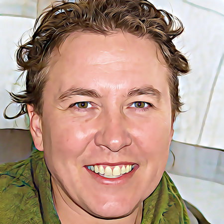 Cartoon-style portrait of person's face.