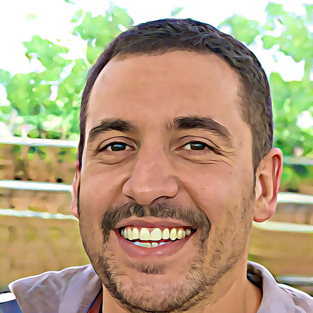 Cartoon-style portrait of person's face.