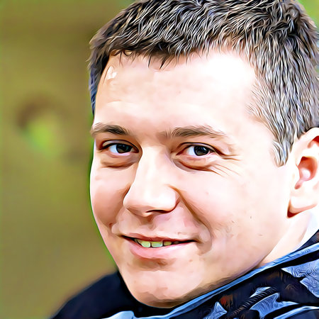 Cartoon-style portrait of person's face.