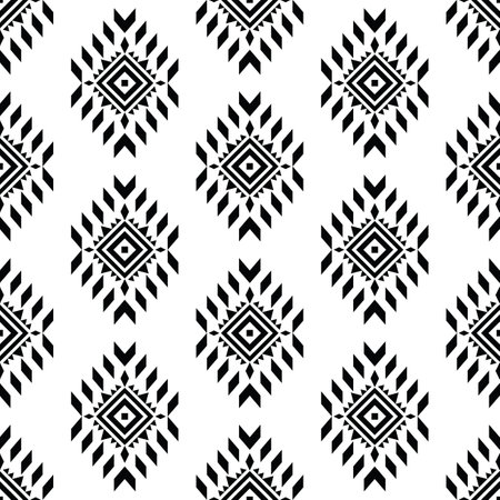 Geometric tribal ornament design with seamless repeat pattern. Aztec and Navajo ethnic style. Black and white color. Design for textile, fabric, curtain, rug, shirt, frame.のイラスト素材