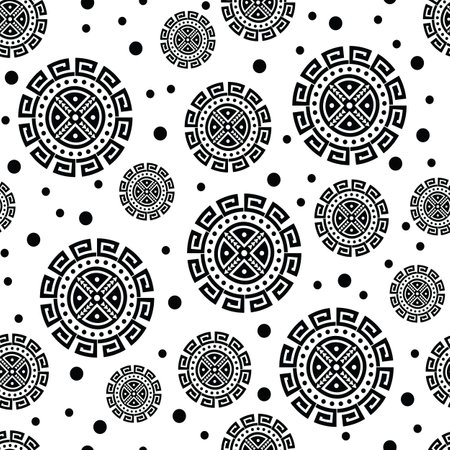 Seamless native doodle pattern. Aztec tribal background. Polka dot style. Design for textile template. Black and white.のイラスト素材