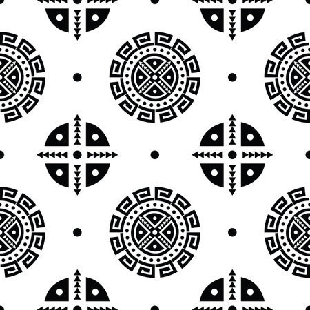 Tribal seamless repeat pattern. Vector abstract with aztec ethnic motif. Native American art illustration. Design for textile template. Black and white.のイラスト素材