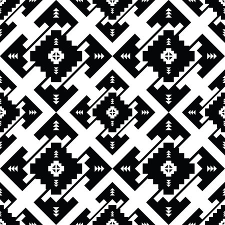 Ethnic contemporary oriental. Tribal seamless repeat pattern. Abstract geometric vector illustration. Monochrome decor. Design for weaving and printing fabric.のイラスト素材