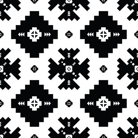 Ethnic contemporary repeat pattern. Seamless geometric illustration with tribal oriental motif. Monochrome decor. Design for weaving and printing fabric.のイラスト素材