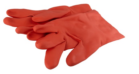 Red rubber glove pair side view showing left and rightの写真素材