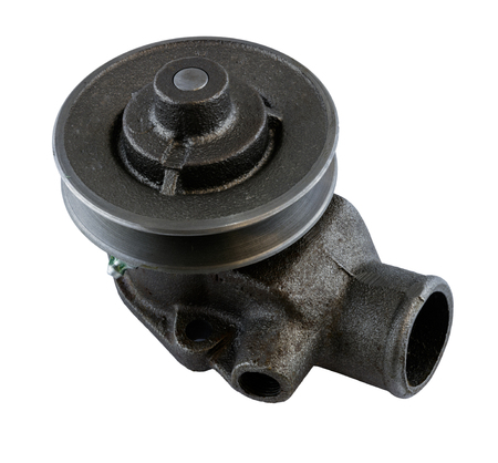 Antique vintage american automobile cast iron water pump and pulley assembly on a white backgroundの写真素材