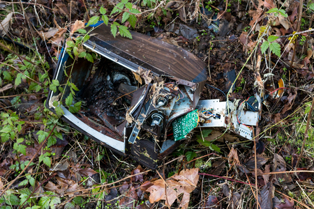 Dismantled smashed television set with plants and weeds growing in to the broken tubeの写真素材