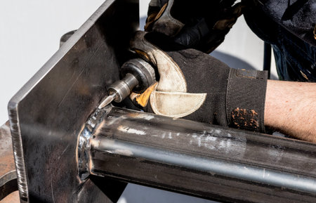 Welding steel worker breaking away slag from perfect spiral welds beads