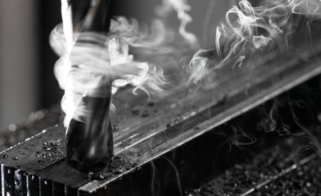 CNC end mill finishing a stack of steel plate with metal filings chips and very heavy smoke trailing
