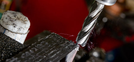 Bridgeport CNC end mill finishing a stack of steel with metal filings chips