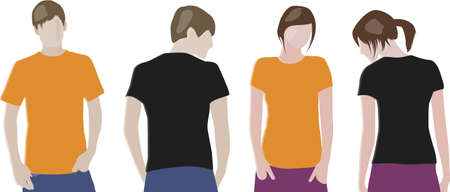 Black, Orange T-shirt design templates (front & back) on male and female modelsのイラスト素材