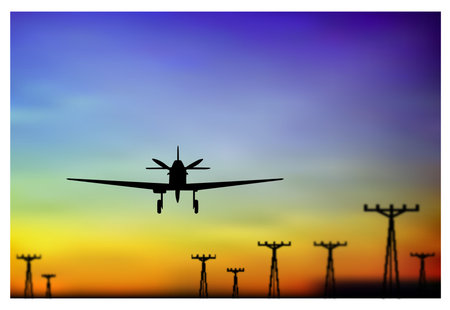 airplane isolated over blue yellow  background with electrical distribution poles