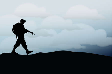 Silhouette of an army soldier walking on hills against blue skyのイラスト素材