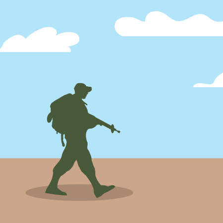 Silhouette of an army soldier walking on hills against a blue sky backgroundのイラスト素材