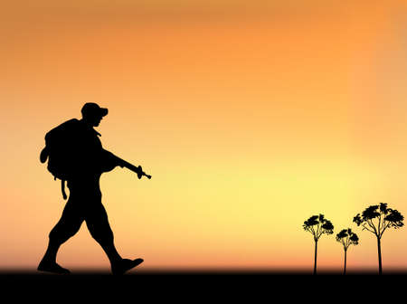 Silhouette of an army soldier walking on hills against blue skyのイラスト素材