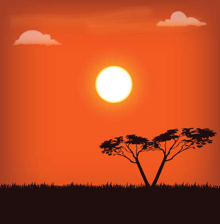 vector illustration of africa landscape with sun and trees on sunsetのイラスト素材