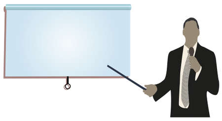 a person doing a presentation at a business conference or product marketing in front of crowd to audience. add your copy text on blank projection screen.のイラスト素材