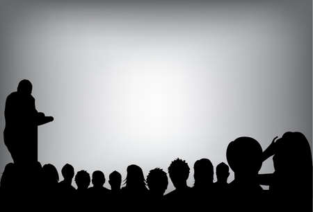 a person doing a presentation at a business conference or product marketing in front of crowd to audience. add your copy text on blank projection screen.のイラスト素材