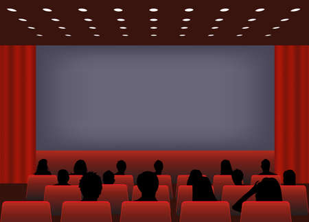 illustration of  a  people in cinema against screen. composition in red color tones. you can insert text pictures on cinema screenのイラスト素材