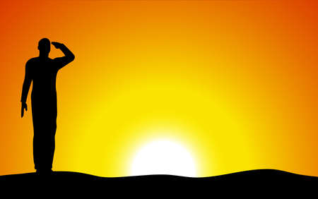 Silhouette of an army soldier saluting on hills against sunsetのイラスト素材