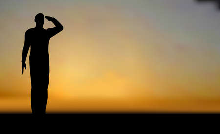 Silhouette of an army soldier saluting on hills against sunset のイラスト素材