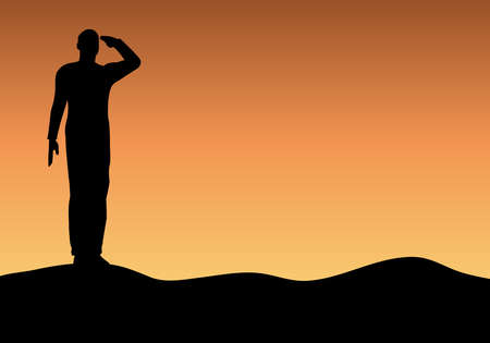 Silhouette of an army soldier saluting on hills against sunsetのイラスト素材