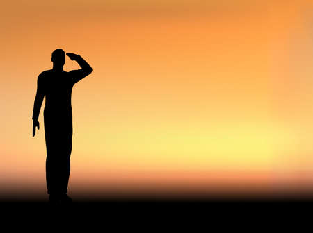 Silhouette of an army soldier saluting on hills against sunsetのイラスト素材