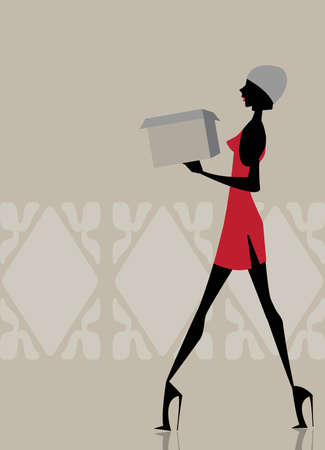 Glamour girl walking and carrying a shopping boxのイラスト素材