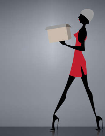 Glamour girl walking and carrying a shopping boxのイラスト素材