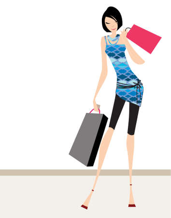 Glamour girl standing and carrying shopping bagsのイラスト素材