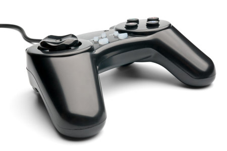isolated black wired gamepad on white background
