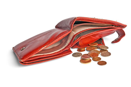 empty leather wallet with a small change - a hole in the budget.isolated