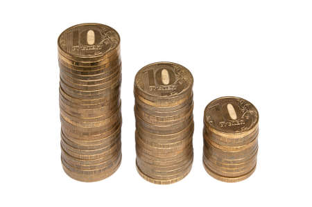 three columns of ten ruble coin isolated on white backgroundの写真素材