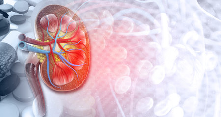 Human kidney with medicines. medical science background. 3d illustration	