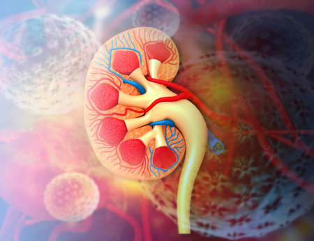 Human kidney anatomy on medical science background. 3d illustration 