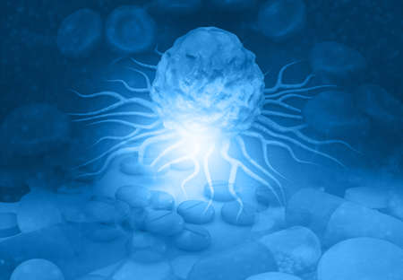 Cancer cells with pills and tablets. medical science background. 3d illustrationの写真素材