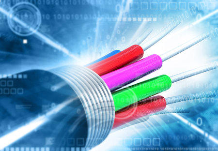 Fiber optic cable over Futuristic technological background. 3d illustration