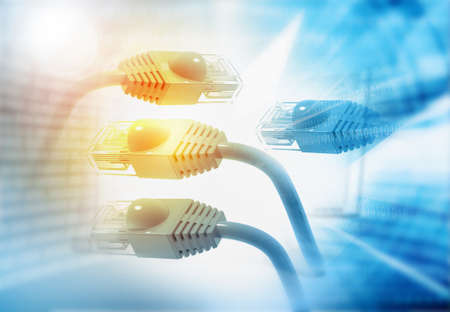 Network cables over futuristic technological background. 3d illustrationの写真素材