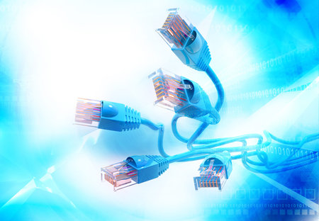 Network cables over futuristic technological background. 3d illustration