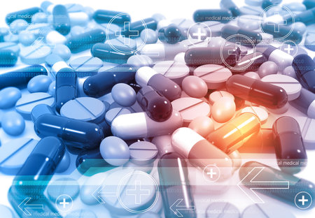 Pills, tablets, capsules on abstract medical background. 3d render