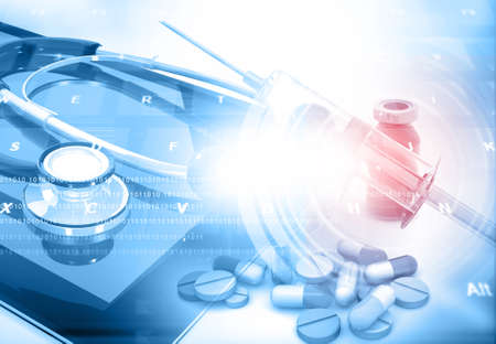 Stethoscope on tablet pc with medicines. 3d illustration の写真素材