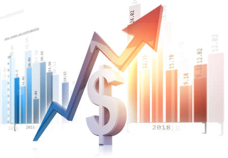 Digital graph chart of dollar growth. Arrow moving up over dollar sign. 3d illustrationの写真素材