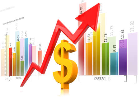 Digital graph chart of dollar growth. Arrow moving up over dollar sign. 3d illustrationの写真素材
