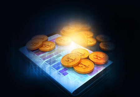 Bitcoin on digital background. 3d illustration	の写真素材