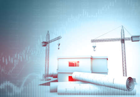 Building construction blueprint with stock market graph. 3d illustration	の写真素材