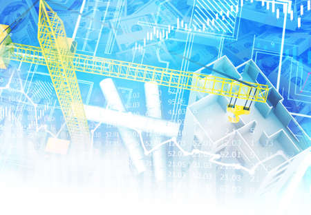 Building construction blueprint with stock market graph. 3d illustration		の写真素材