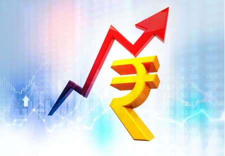 Moving growth arrow with Rupee sign. Increase in Indian Rupee value concept. 3d illustration		の写真素材