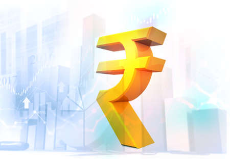 Indian rupee symbol over stock business background. 3d illustration	の写真素材