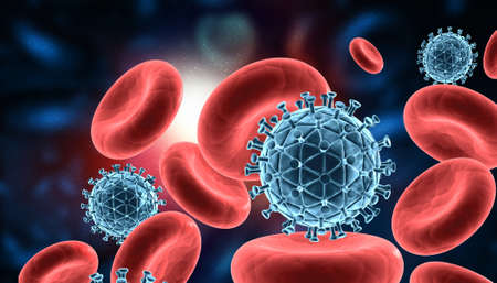 Virus Cell attacks immune system cells. Medical background. 3d render	の写真素材